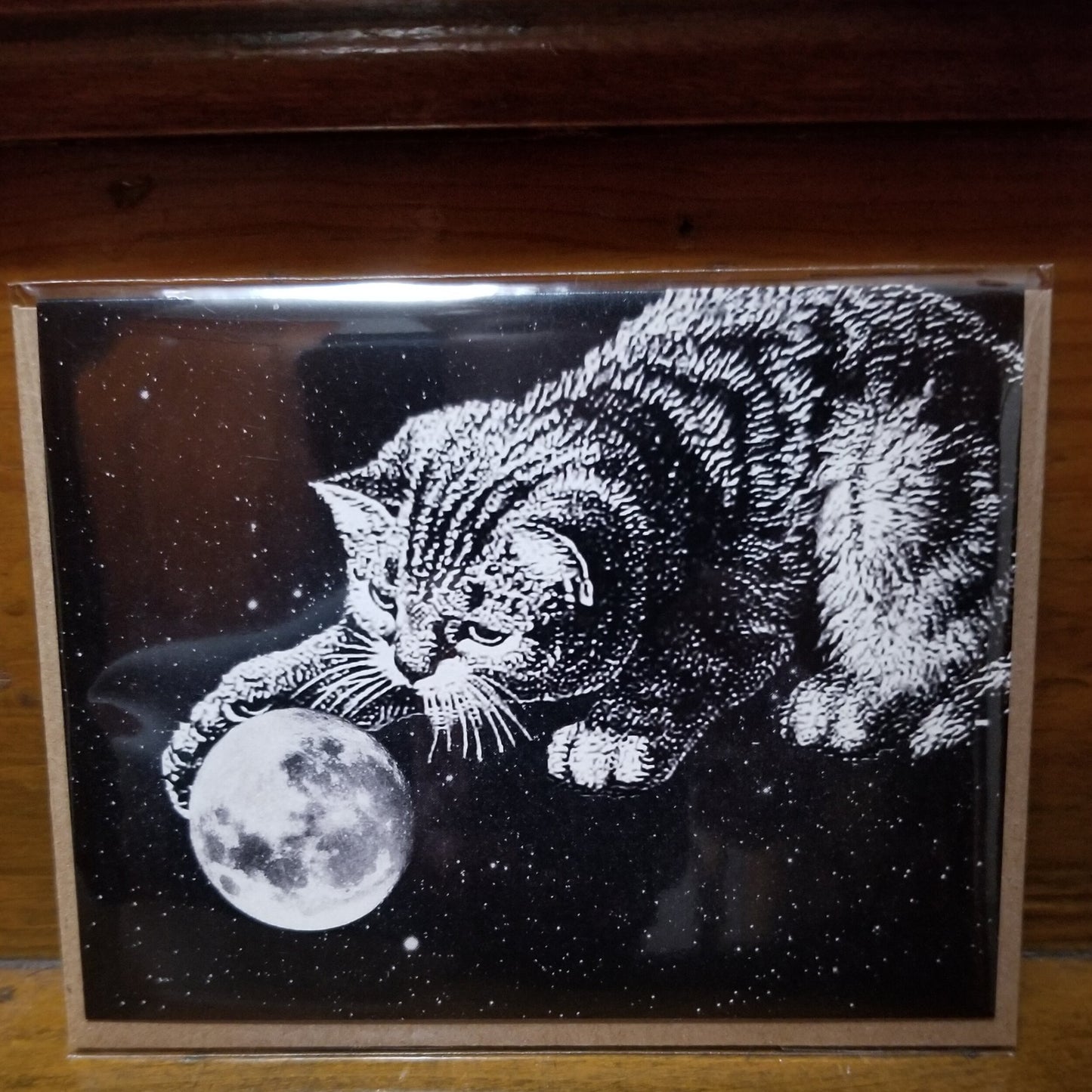 Tarjeta de gatito jugando con la luna