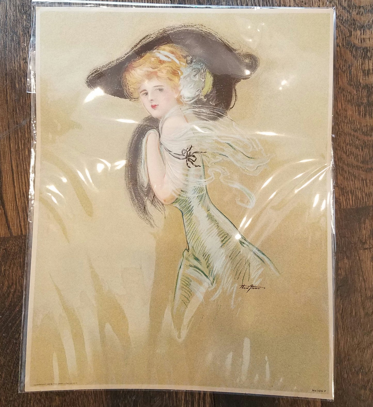 Victorian illustration of a pale blond woman with hair upswept into a wide brimmed black hat. She is holding a black stole curled up in her arms at her chin. Her dress is mint green and off the shoulder with black bow detail. She is giving a side gaze - mysterious or up to something ..