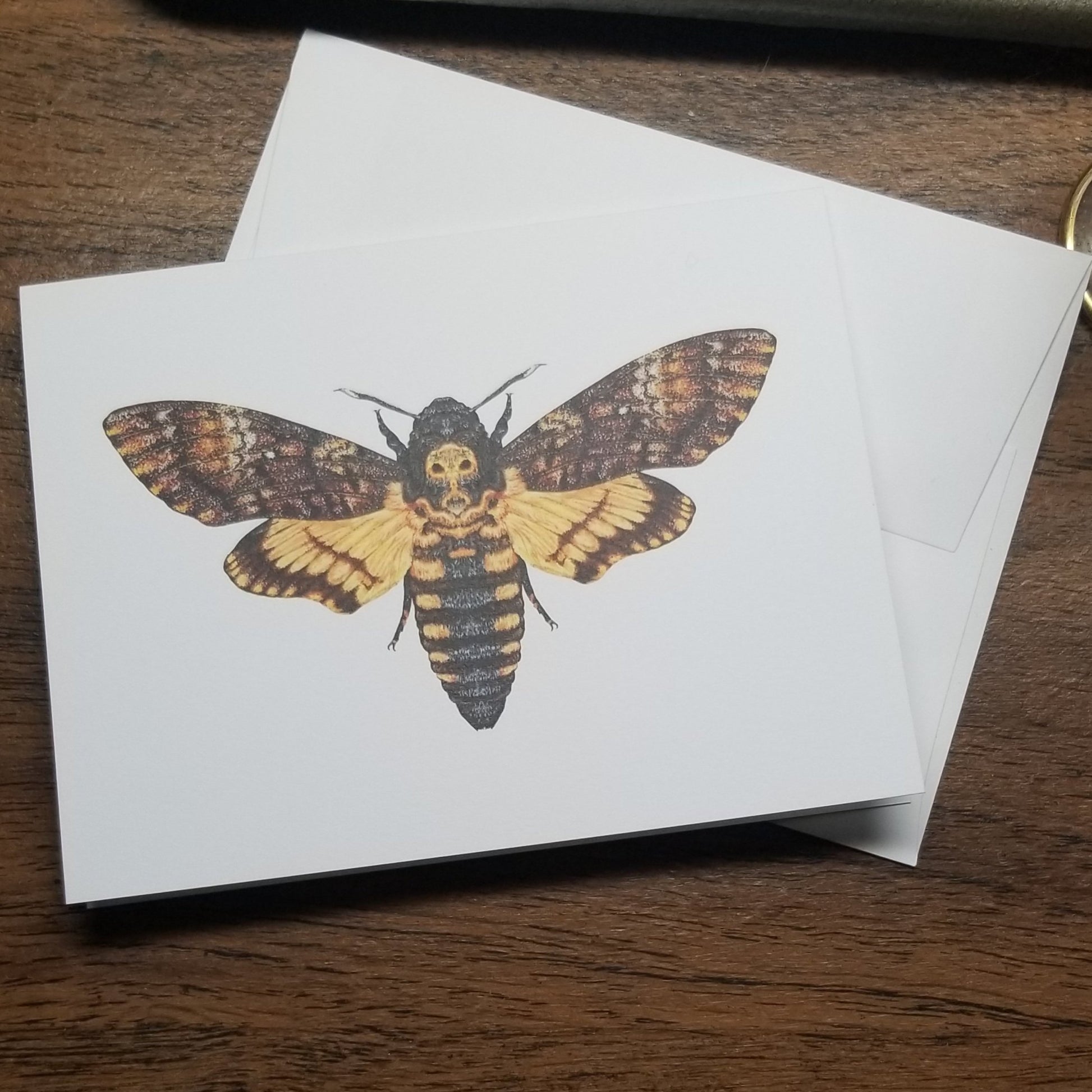 White card, blank inside. Color image of Death's Head Moth in browns and golds. 