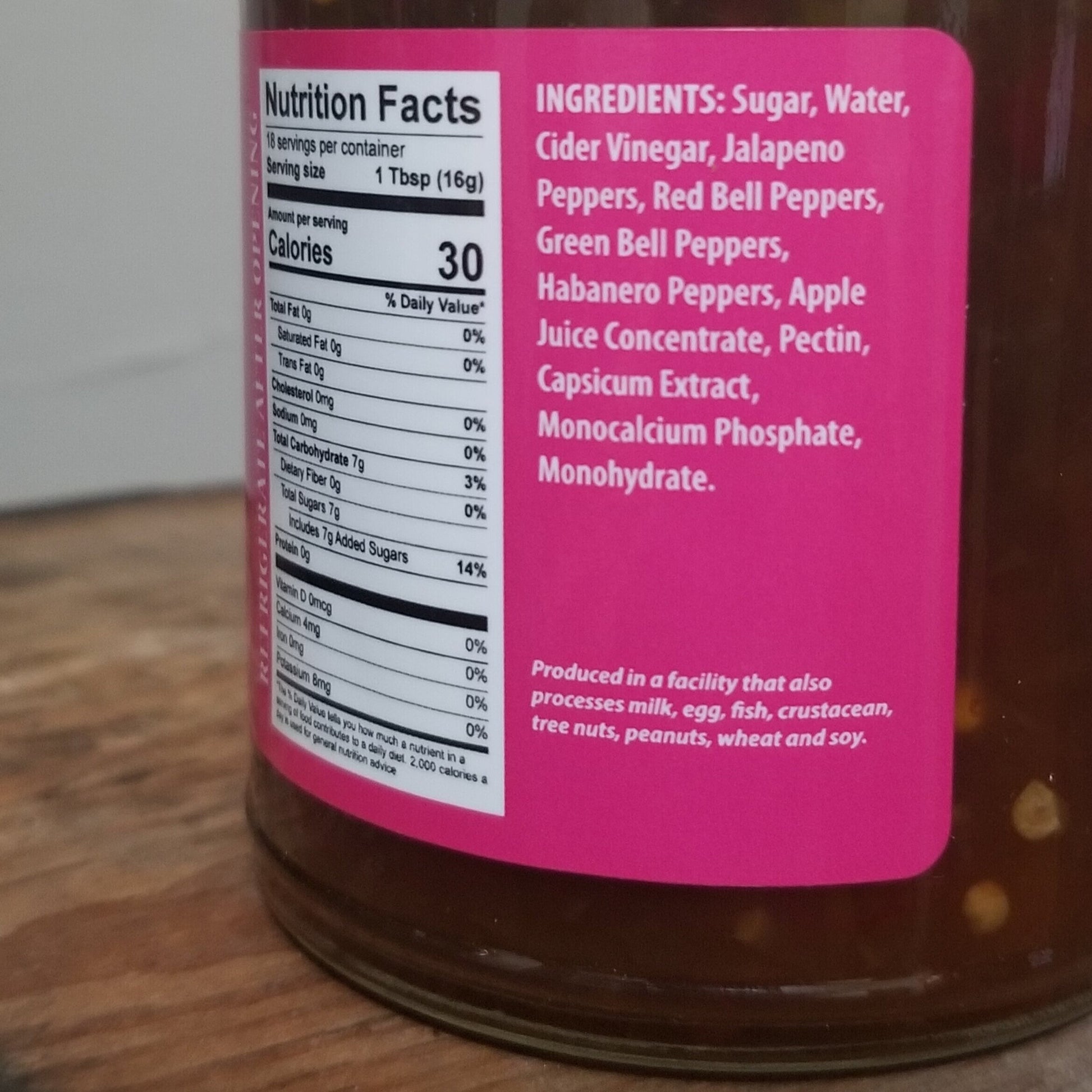 Nutrition Facts: Serving size 1 Tbsp, Calories 30, Sugars 14% DV, 0% Fat, 0% Cholesterol, 0% Sodium, 3% Carbohydrates.